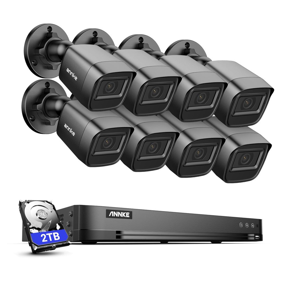 ANNKE 1080P Security Camera System, 16CH 4K DVR Recorder with AI Human/Vehicle Detection, 8X 2MP Bullet Wired Add-on Black Cams with 66ft Night Vision, IP67, Compatible with Alexa 2TB HDD Included