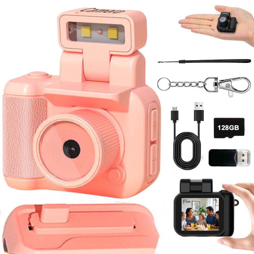 Mini Retro Video Camera Digital, Mini Keychain Camera with Sd Card, Portable Tiny Nostalgic Digital Camera, 1080p Hd with Led Flash Light (Pink 128GB)