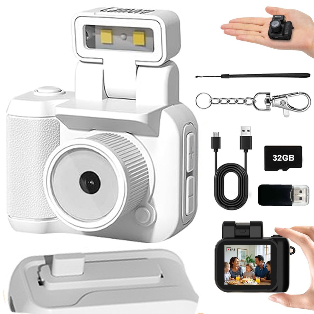 Mini Retro Video Camera Digital, Mini Keychain Camera with Sd Card, Portable Tiny Nostalgic Digital Camera, 1080p Hd with Led Flash Light (White 32GB)