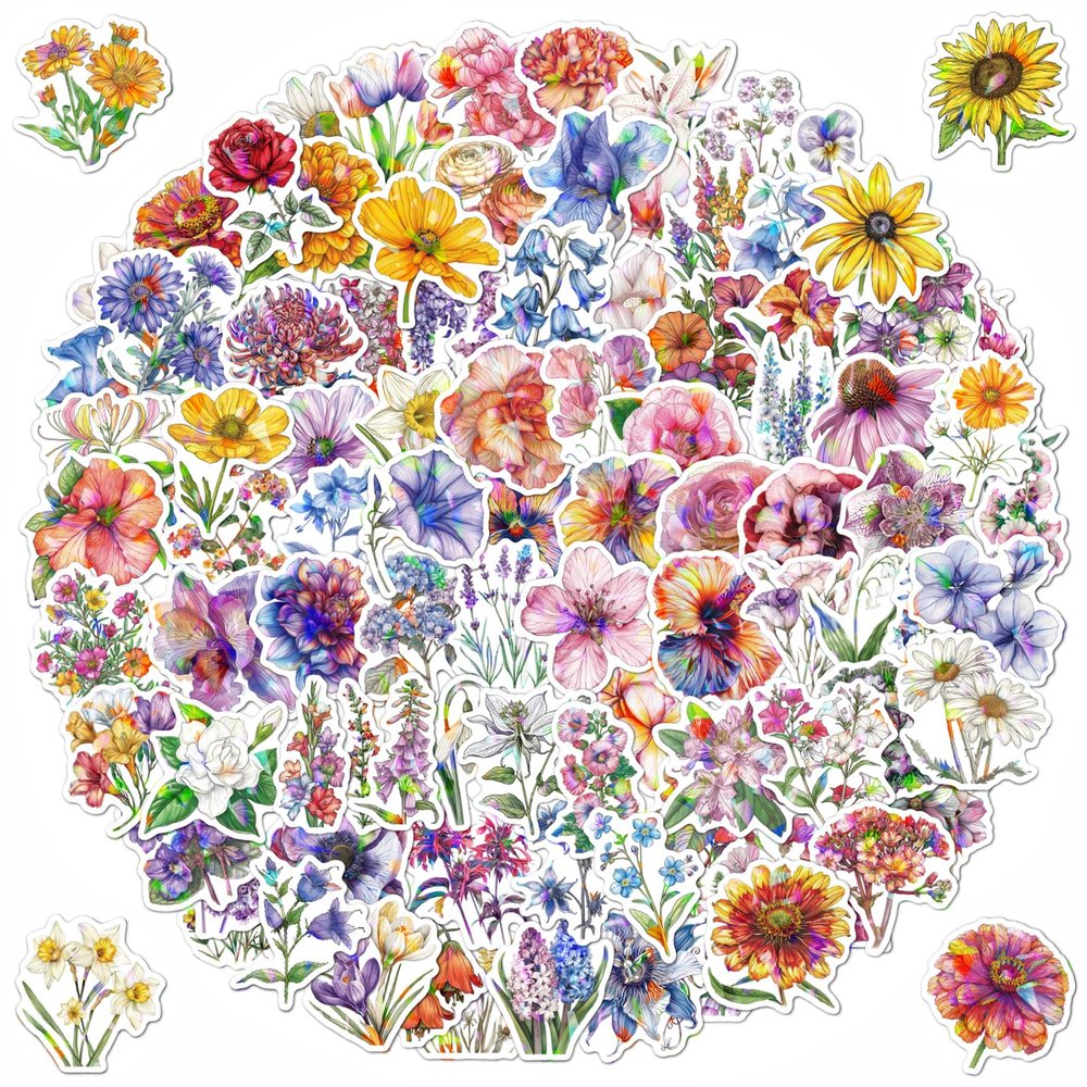 100 PCS Flower Stickers Pack, Holographic & Sparkly Aesthetic Decals for Water Bottle Laptop Scrapbooking Phone, Large Floral Stickers for Adults Women Teens Girls