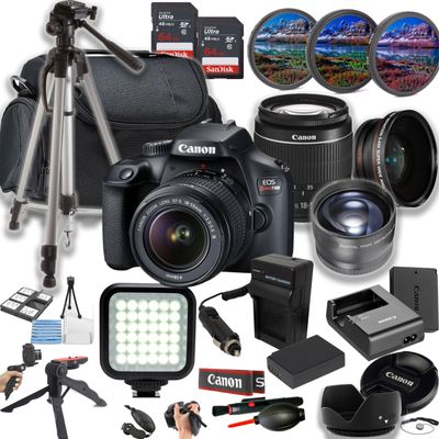 Canon EOS Rebel T100 DSLR Camera 18MP DSLR Camera w/EF-S 18-55mm f/3.5-5.6 Lens + LED Light + 128GB Memory + Lenses + Filters + Case + Tripod + Grips + Added Power, and More (28pc Bundle) (Renewed)