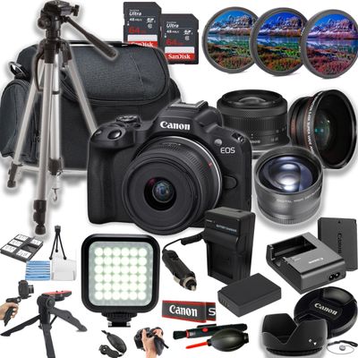 Canon EOS R50 Mirrorless Camera w/18-45mm STM Lens + LED Light + 128GB Memory + Lenses + Filters + Case + Tripod + Grips + Added Power, and More (28pc Bundle) (Renewed)