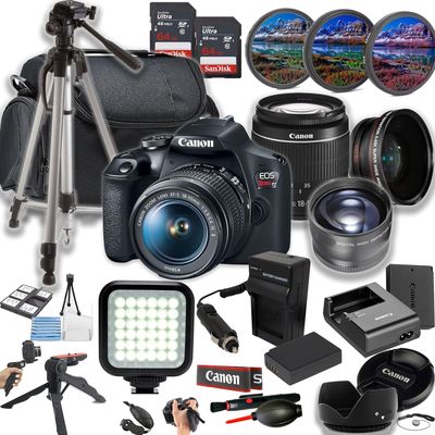Canon EOS Rebel T7 24MP DSLR Camera w/EF-S 18-55mm f/3.5-5.6 is II Lens + LED Light + 128GB Memory + Lenses + Filters + Case + Tripod + Grips + Added Power, and More (28pc Bundle) (Renewed)
