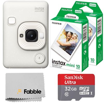 Fujifilm INSTAX Mini LiPlay Hybrid Instant Camera Bundle with 20 Sheets INSTAX Mini Film, 32GB microSD Card, USB Charging Cable, Hand Strap, Cleaning Cloth (Misty White)