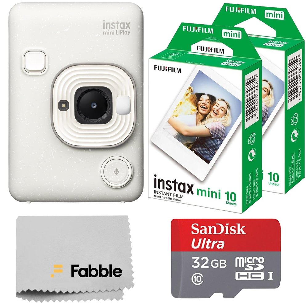 Fujifilm INSTAX Mini LiPlay Hybrid Instant Camera Bundle with 20 Sheets INSTAX Mini Film, 32GB microSD Card, USB Charging Cable, Hand Strap, Cleaning Cloth (Misty White)