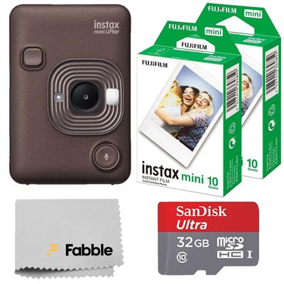 Fujifilm INSTAX Mini LiPlay Hybrid Instant Camera Bundle with 20 Sheets INSTAX Mini Film, 32GB microSD Card, USB Charging Cable, Hand Strap, Cleaning Cloth (Deep Bronze)