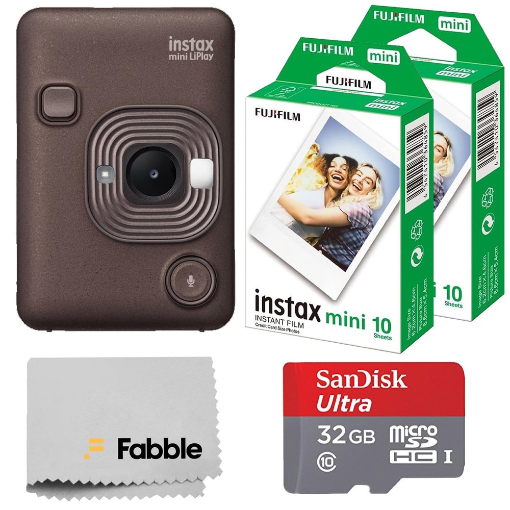 Fujifilm INSTAX Mini LiPlay Hybrid Instant Camera Bundle with 20 Sheets INSTAX Mini Film, 32GB microSD Card, USB Charging Cable, Hand Strap, Cleaning Cloth (Deep Bronze)