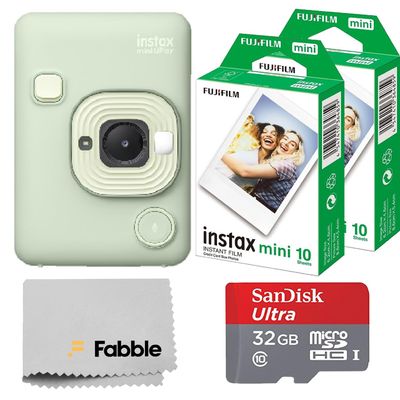 Fujifilm INSTAX Mini LiPlay Hybrid Instant Camera Bundle with 20 Sheets INSTAX Mini Film, 32GB microSD Card, USB Charging Cable, Hand Strap, Cleaning Cloth (Matcha Green)