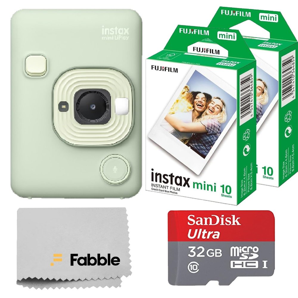 Fujifilm INSTAX Mini LiPlay Hybrid Instant Camera Bundle with 20 Sheets INSTAX Mini Film, 32GB microSD Card, USB Charging Cable, Hand Strap, Cleaning Cloth (Matcha Green)