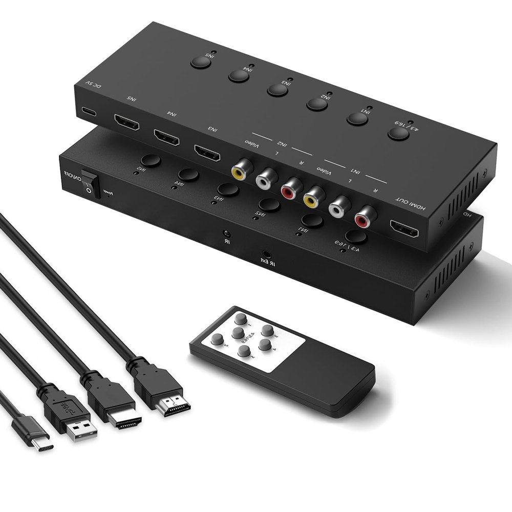2-in-1 HDMI & AV Switcher Play PS5 & Retro Games on 1 TV, 3 HDMI 2.0 (4K HDR) + 2 RCA Inputs Supports Xbox Series X/Switch/Wii/PS2/N64 HDCP 2.2, 3D, 4:3/16:9 Toggle