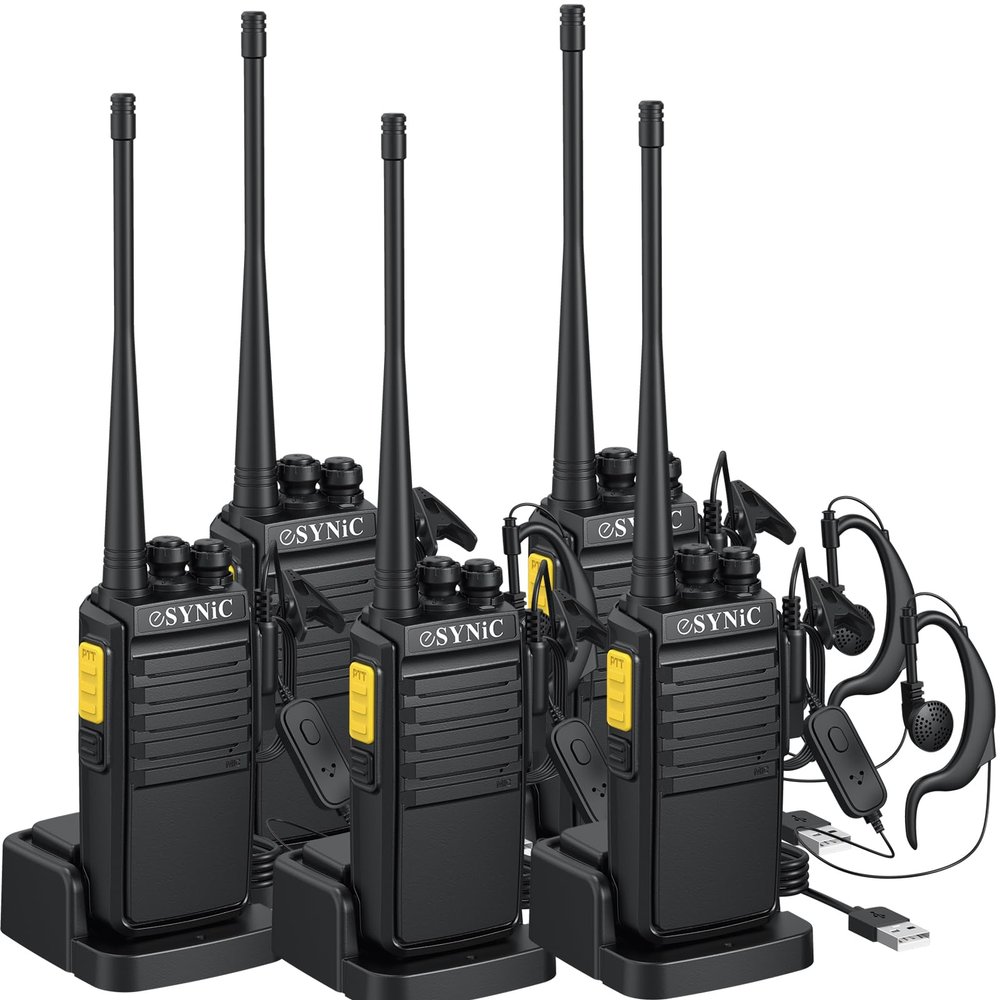 eSynic 5-Pack Walkie Talkies-5KM/3Miles Long Range 16CH Digital Walky Talky with Earpieces-USB-C Rechargeable, VOX Hands-Free, Noise Reduction&Durable Boby for Construction/Events/Outdoor (5 Pack)