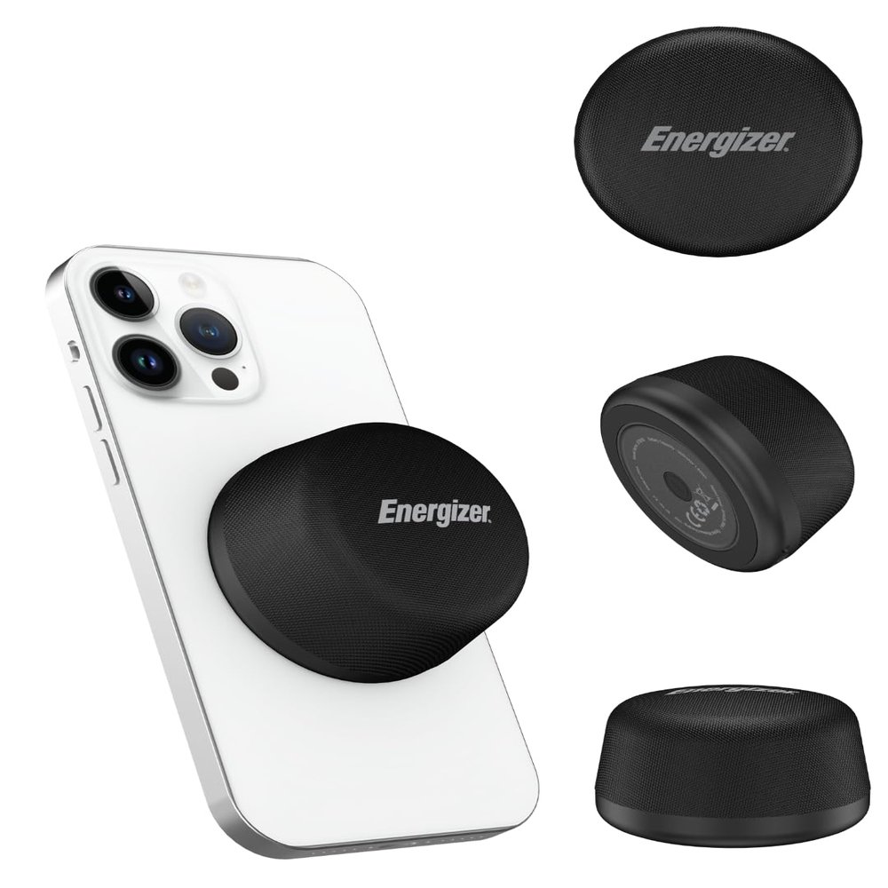 Energizer Magnetic Mini Bluetooth Speaker with Bypass Wireless Charger, 5W Powerful Sound, IPX6 Waterproof, TWS Stereo Pairing, Built-in Microphone, Compact Design for Outdoor and Indoor Use_BTS055