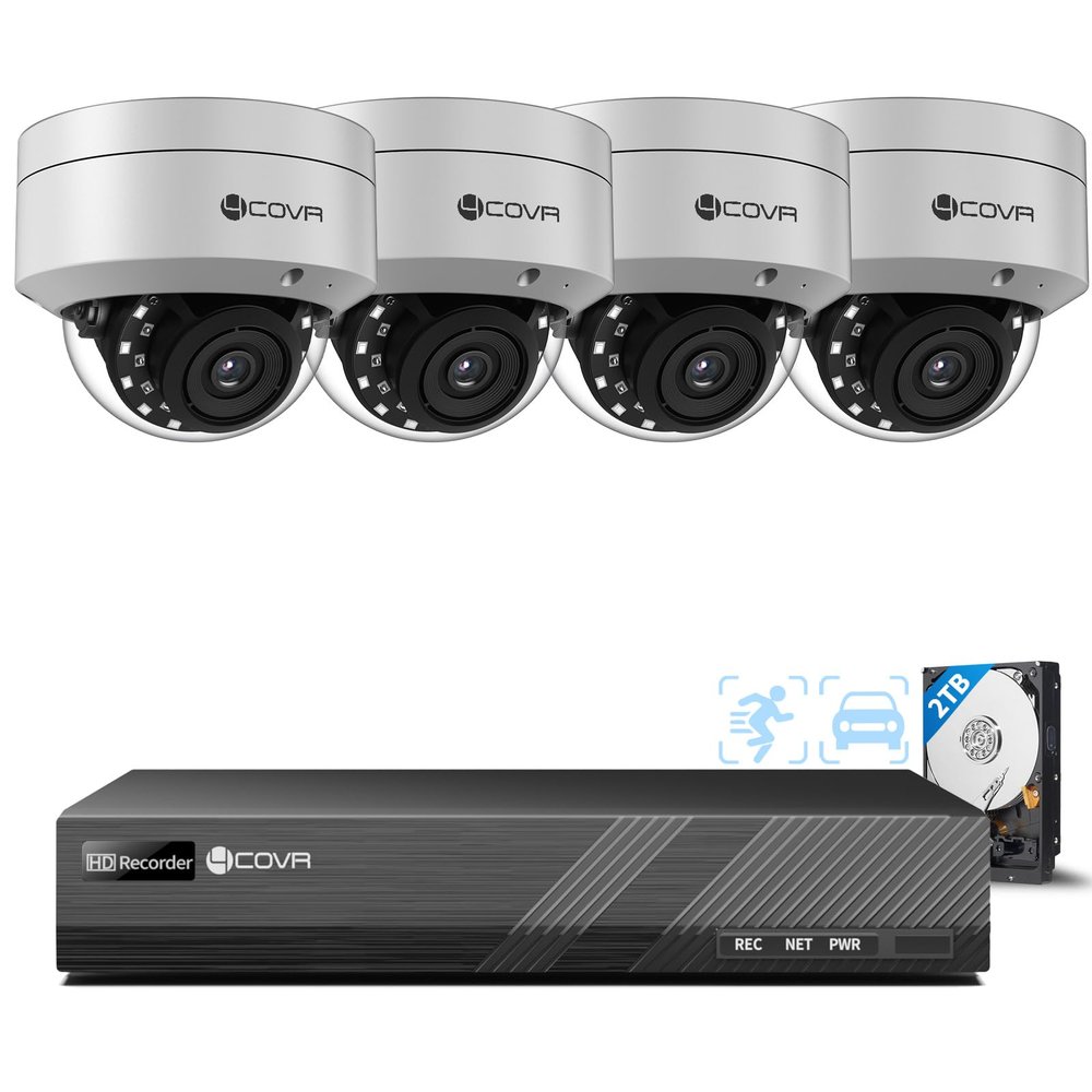 4COVR 12MP Security Camera System, 4Pcs 12MP IK10 Vandal-Proof Dome PoE IP Camera with Mic, AI Human Vehicle Detection, 8CH H.265 NVR with 2TB HDD, IP67 Home Weatherproof Outdoor, LY54AXAM0804