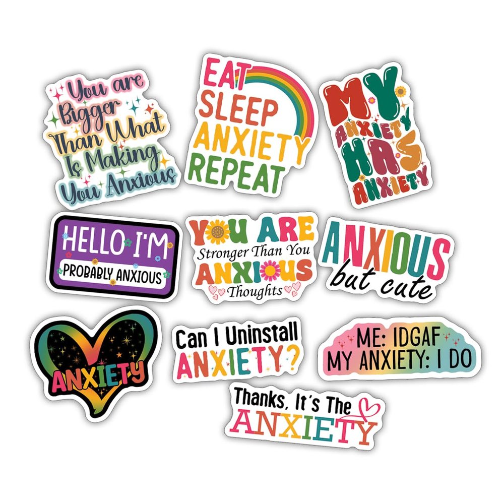 10pcs Anxiety Sticker Sheet, Aesthetic Mental Health Decals, Self Care Overthinkers, Anxious Minds, Emotional Wellness, Waterproof, UV-Resistant, for Water Bottle, Scrapbook, Laptop, Car, Truck