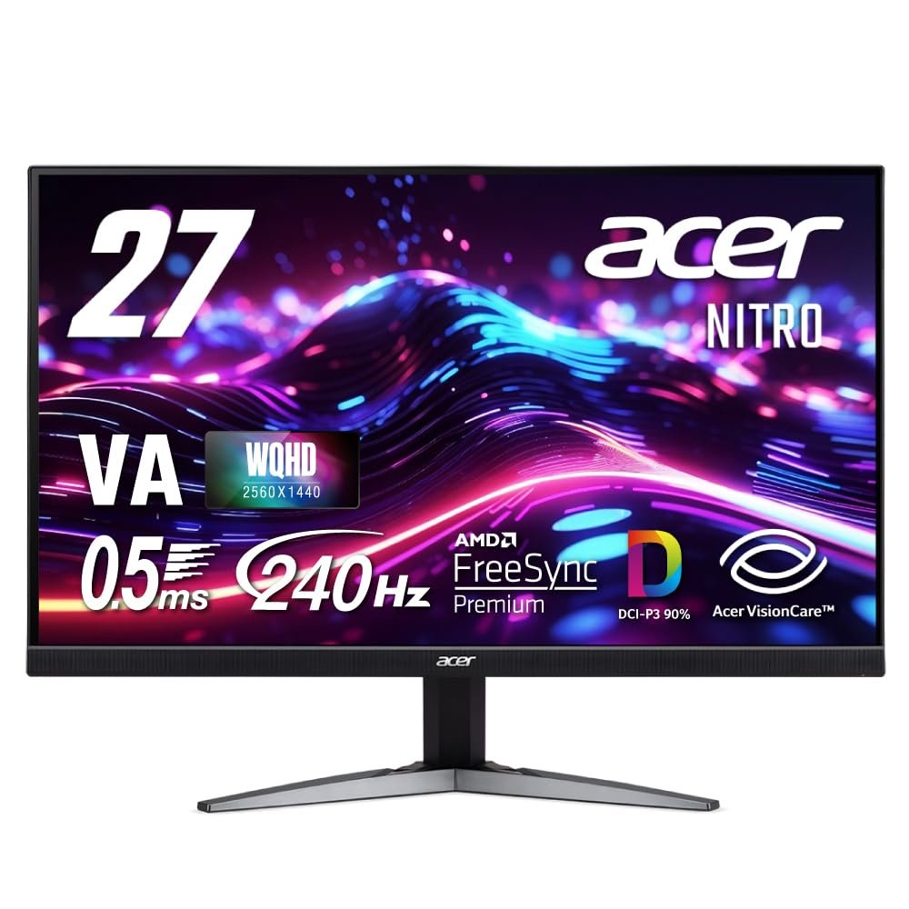 acer Nitro Gaming Monitor 27" WQHD Matte Wide View Angle VA 240Hz 0.5ms(GTG) DCI-P3 90% AMD FreeSync Premium Black Boost HDR350 Gaming View Technology Blue Light Reduction HDMI 2.1 DisplayPort v1.4