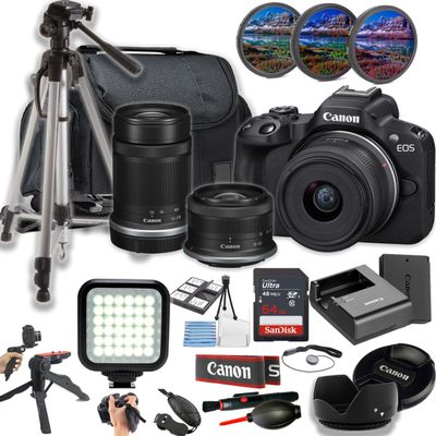 Canon EOS R50 Mirrorless Camera + 18-45mm & 55-210mm Lenses + LED Light + 128GB Memory + Lenses + Filters + Case + Tripod + Grips + Added Power, and More (28pc Bundle) (Renewed)