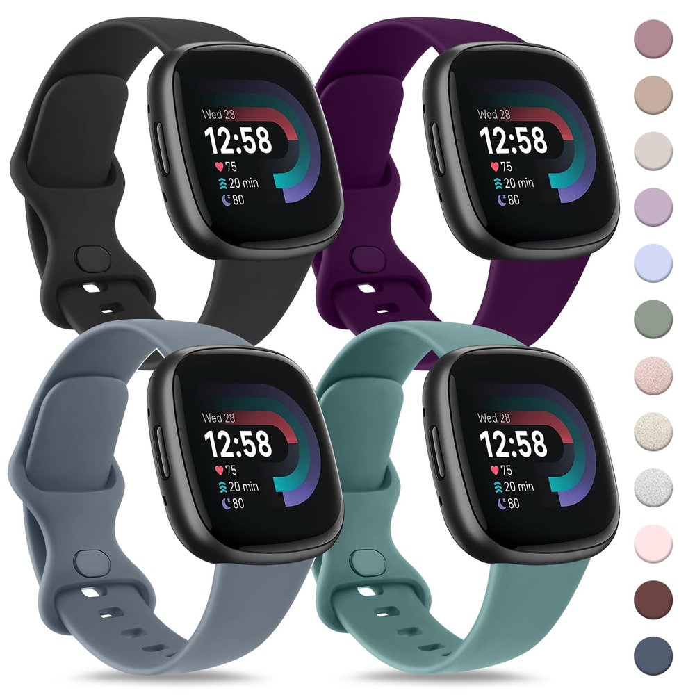 4 PACK Bands Compatible with Fitbit Versa 4 & 3 Bands/Sense 2 / Sense Band Women Men, Classic Soft Straps for Fitbit Versa 4 / Versa 3 /Sense 2 / Sense Smart Watch (Large,4 Pack A)