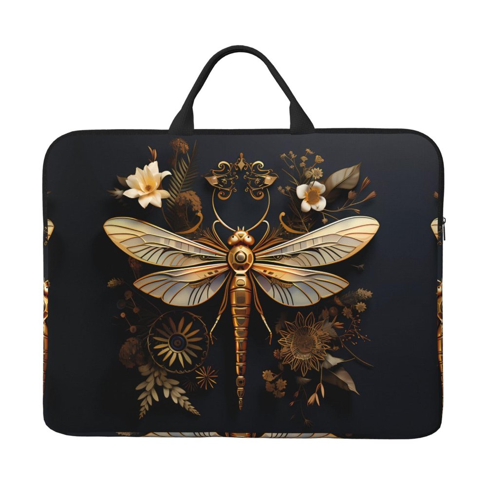 14in Gold Exquisite Dragonfly Print Laptop Case Sleeve Bag Shock-Resistant Padded Interior, Perfect for Business and Daily Commute