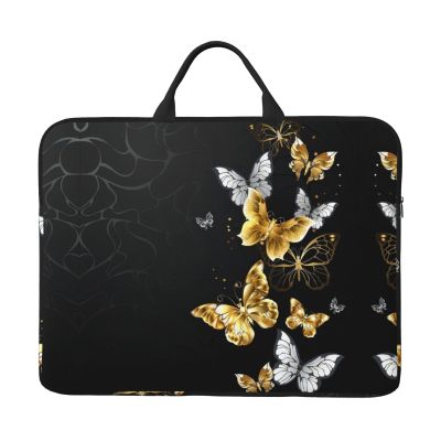 14in Laptop Case Sleeve Bag Gold White Butterflies Black Full Print Design, Ideal for Business Travel and Daily Commute