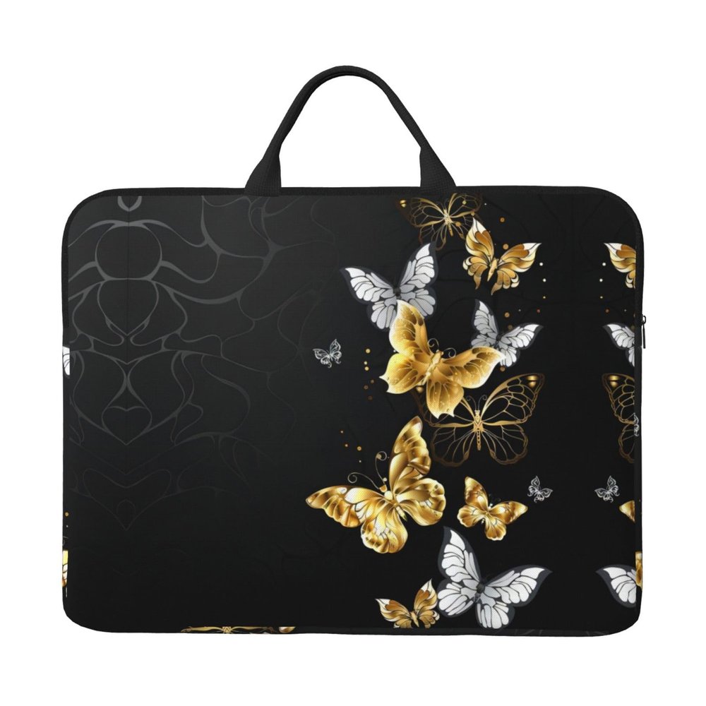14in Laptop Case Sleeve Bag  Gold White Butterflies Black Full Print Design, Ideal for Business Travel and Daily Commute