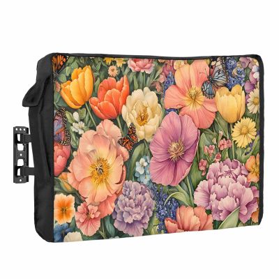Vintage Floral Outdoor TV Cover 32 Inch Weatherproof Waterproof Outdoor TV Enclosure, Dustproof TV Screen Protector for Outside with Remote Control Pocket, Colorful