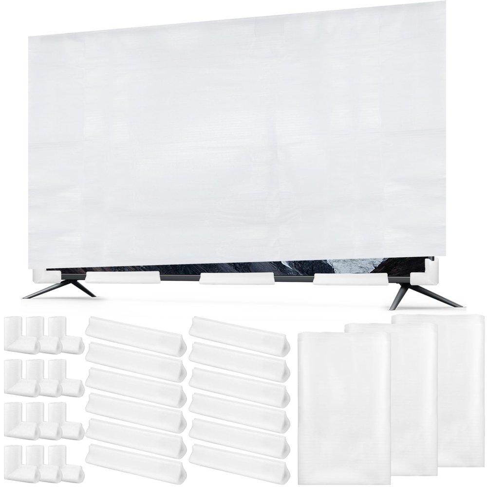 3 Pcs Cushioning Foam Kit Include Flat Screen TV Cover Fits up to 65'' W x 36'' H,12 Moving Corner Edge Protectors and 12 Foams Protection Strips for TV Display Screen Protector