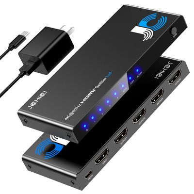 JCHICI HDMI Splitter 1x4 for PS5/Xbox/Apple TV - 4K@60Hz HDMI Switcher Splitter with HDR10 & Dolby Vision, 1 in 4 Out with EDID Modes (Auto/Copy/Downscale), HDCP 2.2, 18Gbps for Home Theater