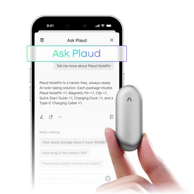 Plaud NotePin Voice Recorder, AI Voice Recorder, App Control, AI Notetaker, AI Transcribe & Summarize, Support 112 Languages, 64GB Audio Recorder for Lectures, Meetings, Lunar Silver, Non-S Version