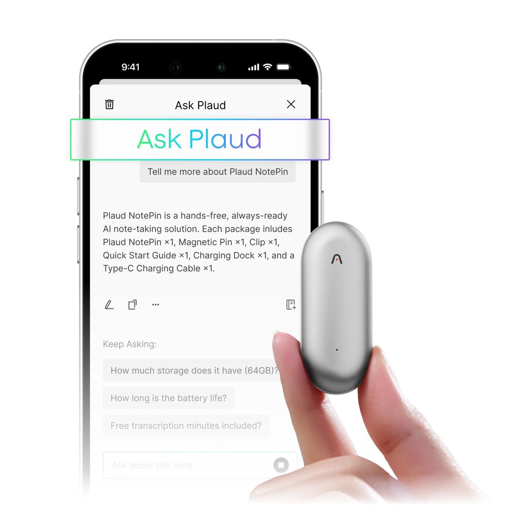 Plaud NotePin Voice Recorder, AI Voice Recorder, App Control, AI Notetaker, AI Transcribe & Summarize, Support 112 Languages, 64GB Audio Recorder for Lectures, Meetings, Lunar Silver, Non-S Version