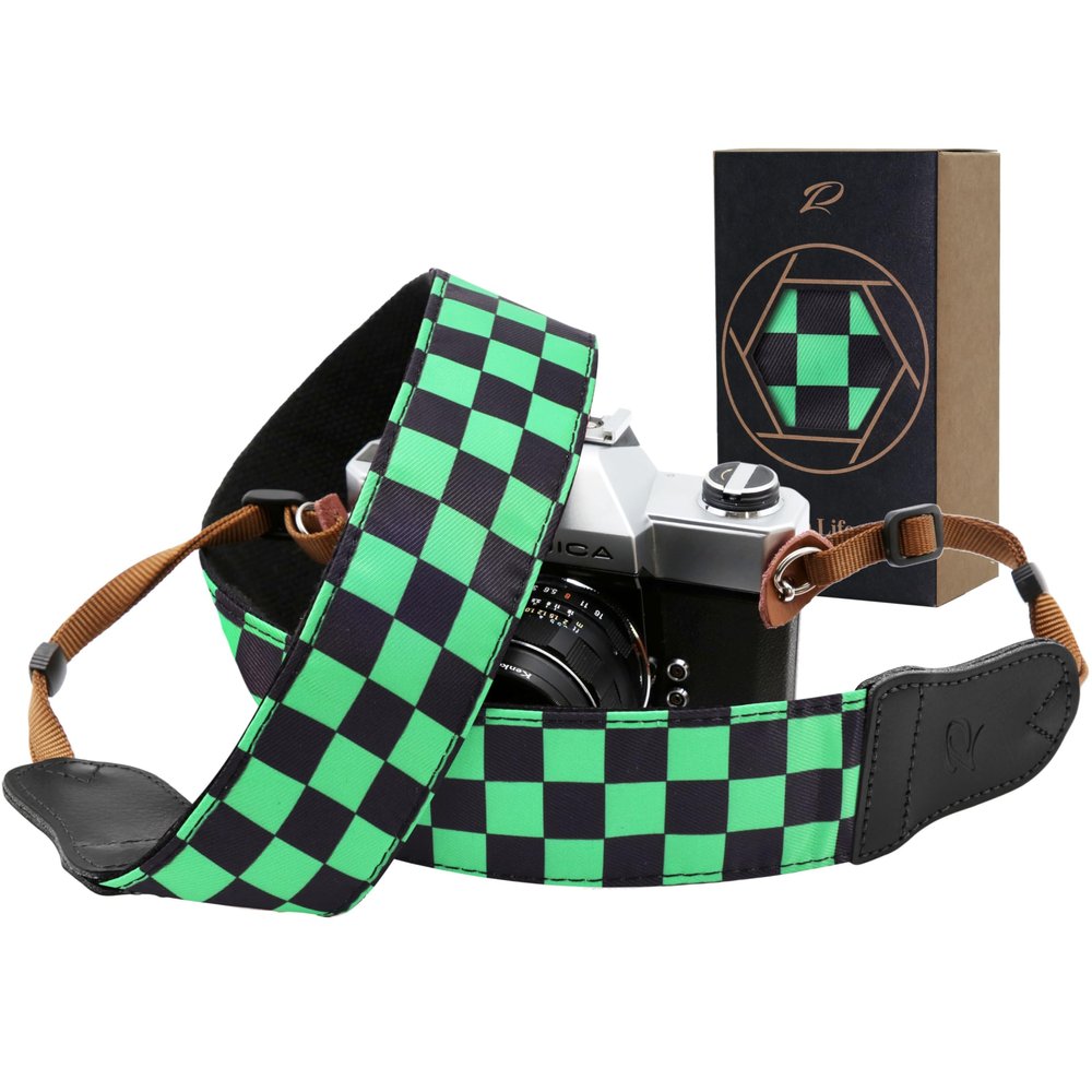 Padwa Lifestyle Green Black Plaid Camera Strap - 2" Wide Double Layer Cowhide Head,Cotton Camera Straps for Photographers,Grid Pattern Adjustable Camera Shoulder Neck Strap for All DSLR Cameras