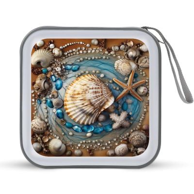 JTREHY 40 Sheets Capacity CD Case Storage Bag,Ocean Shell Art Printed Portable Zipper CD DVD Case Holder Large Capacity CD Wallet for Car, Home, Office, Games Disc, Audio Music