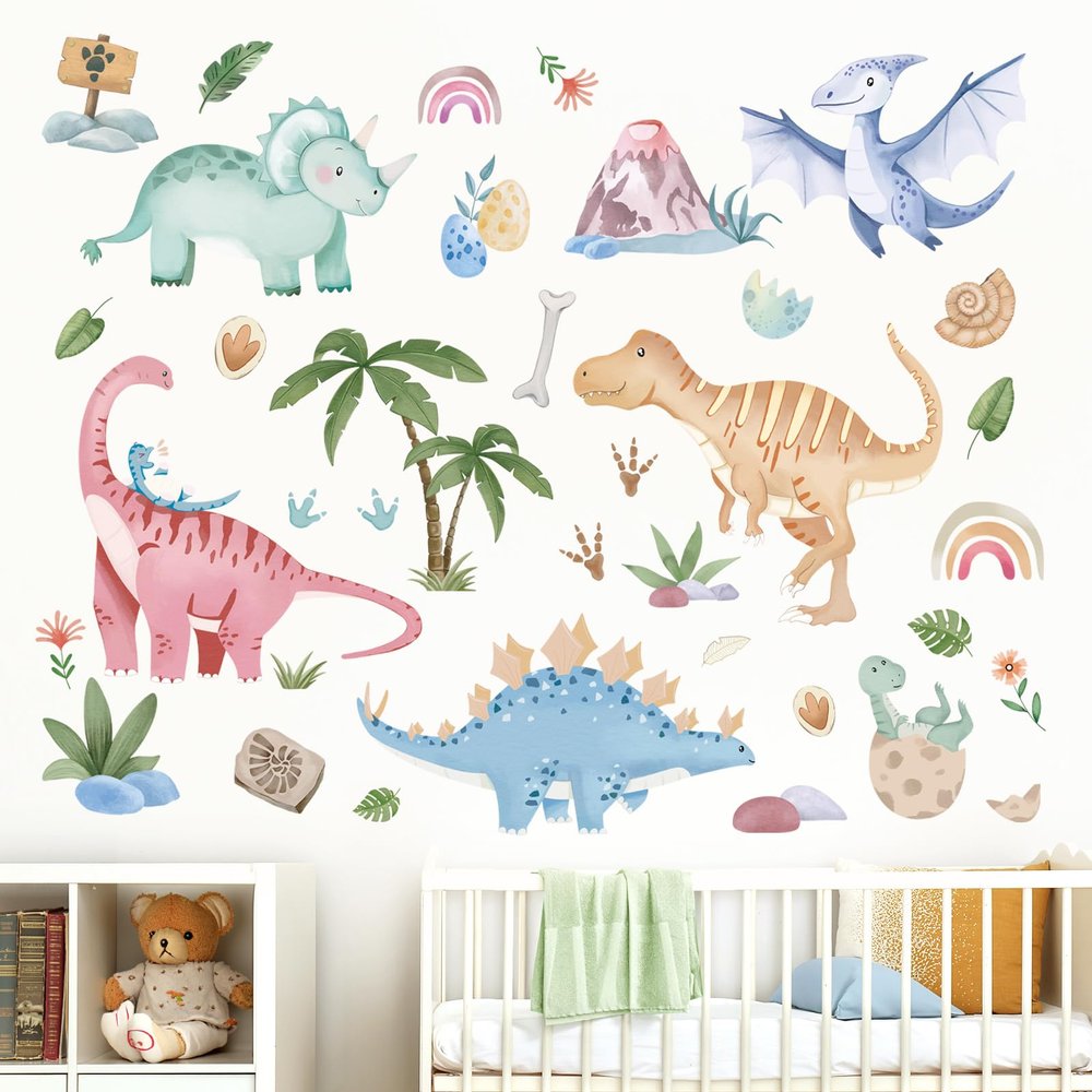 Fufuquare Cartoon Dinosaurs Peel and Stick Wall Stickers Animals and Plants Wall Decals for Nursery Bedroom Living Room Bathroom