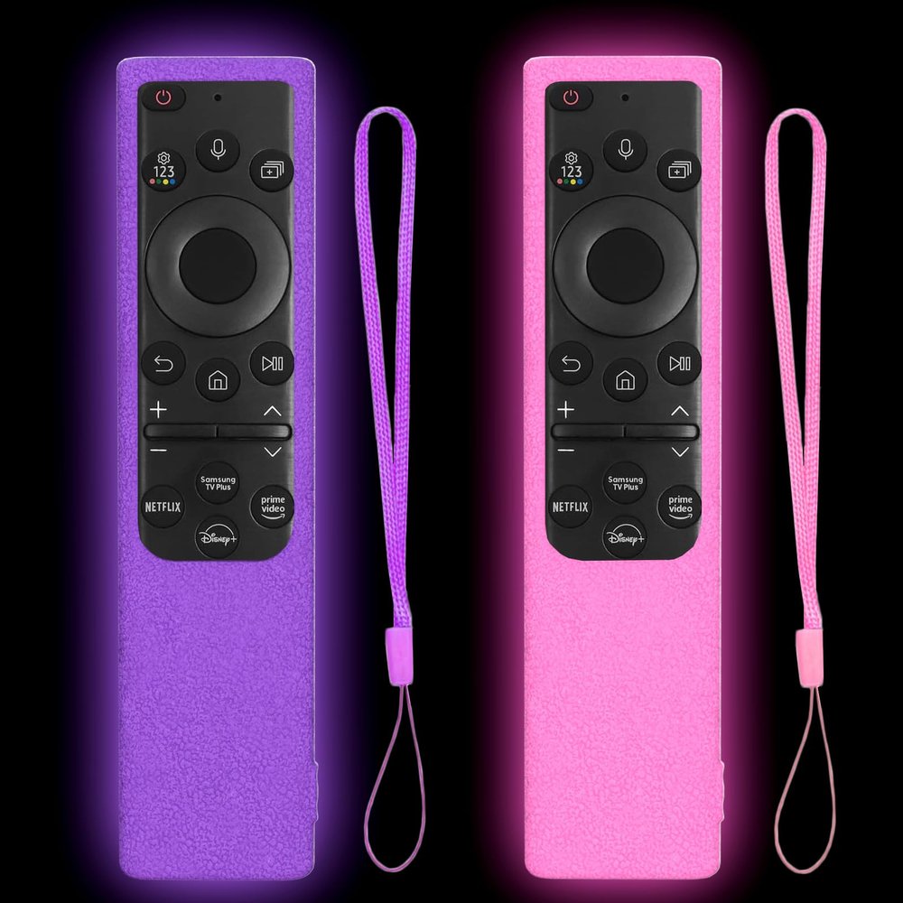 2 Pack Remote Cover for Samsung Smart TV, Silicone Protective Case for Samsung Solar Cell Remote 2021 2022 BN59-01357 BN59-01385 BN59-01265A Anti-Slip Remote Case Glow in DarkGlow Purple + Glow Pink