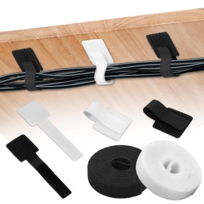 40pcs Hook and Loop Cable Ties with 2 Roll Extension Straps, Reusable Cable Straps Sticky Back Cord Organizer Self Adhesive Wire Management for Home and Office Desk (White,Black)