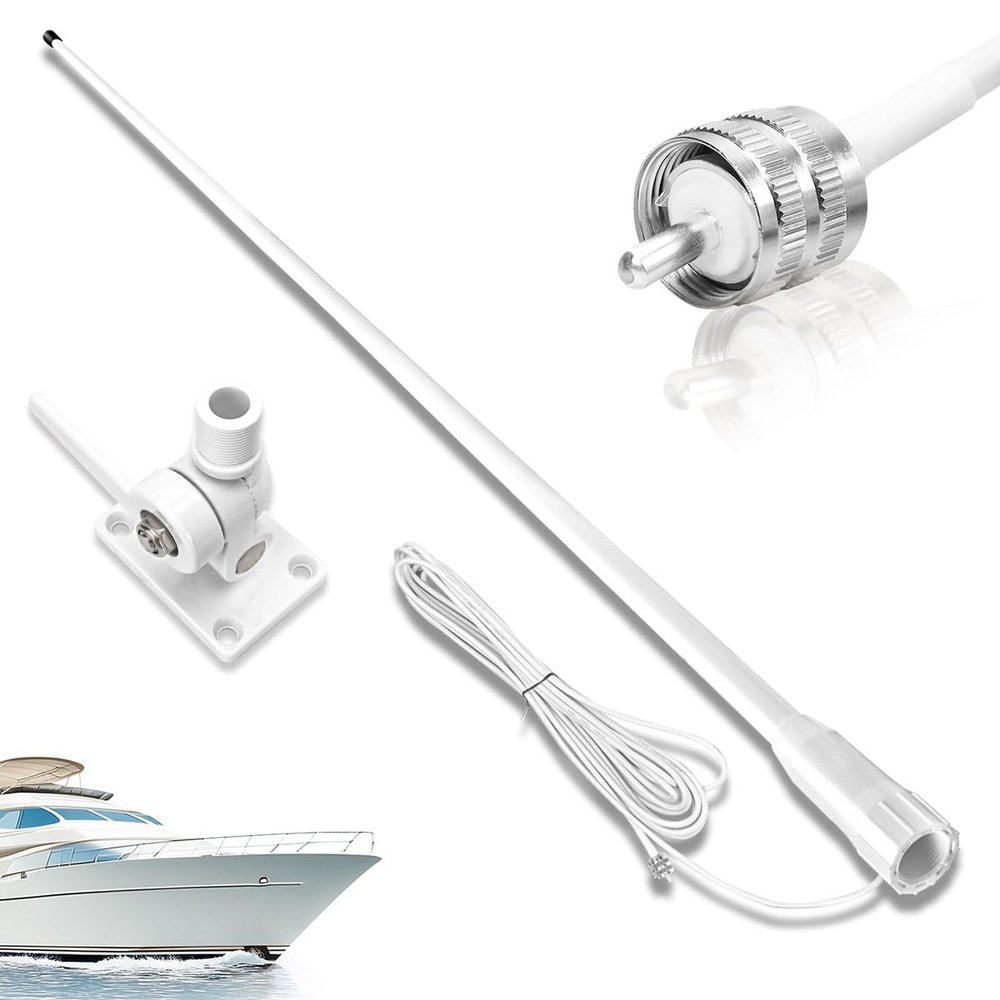 VHF Marine Radio Antenna 156-163MHz Fiberglass Waterproof Boat Antenna 43.5in with 22.9ft(7m) RG-58U Cable,PL259 Male Connector Adjustable Ratchet Fixed Mount Base