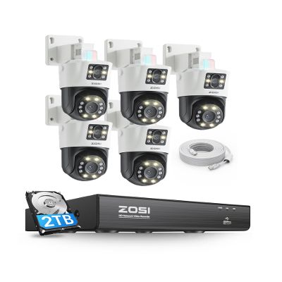 ZOSI 4K Dual-Lens PoE Security Camera System, 5 x 4K 8MP Pan/Tilt (2x4MP) PoE 360 Camera Outdoor, Person/Vehicle Detect, Spotlight Siren, Color Night Vision, 8CH 8MP NVR with 2TB HDD (16CH Expandable)