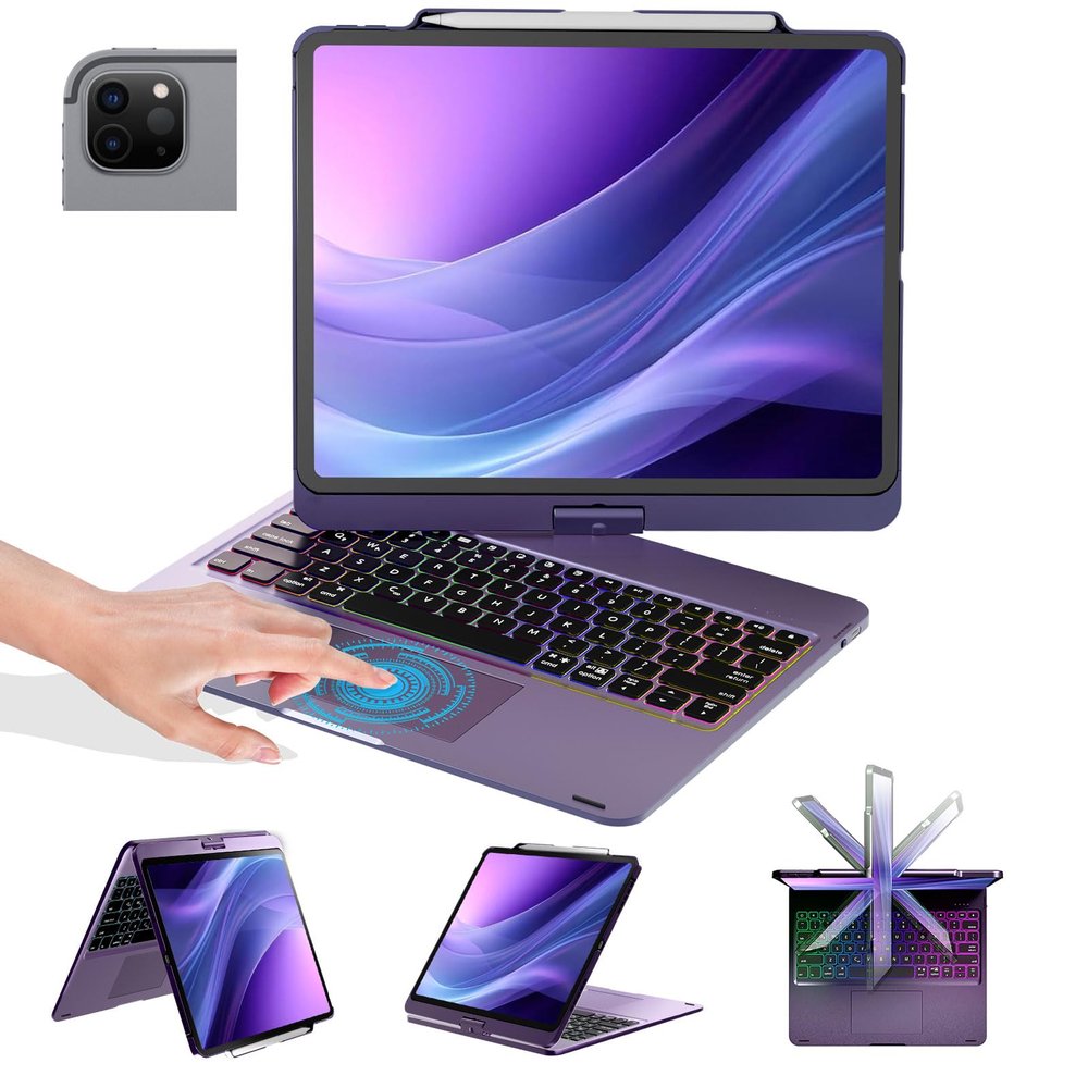 BABG Keyboard Case for iPad Air 13 inch(M3/M2)&iPad Pro 13(M5/M4),iPad Pro 12.9(6th/5th /4th/3rd Gen) Case with Keyboard,360 Rotatable,Toupad,Backlits,Pencil Charging-Midnight Purple