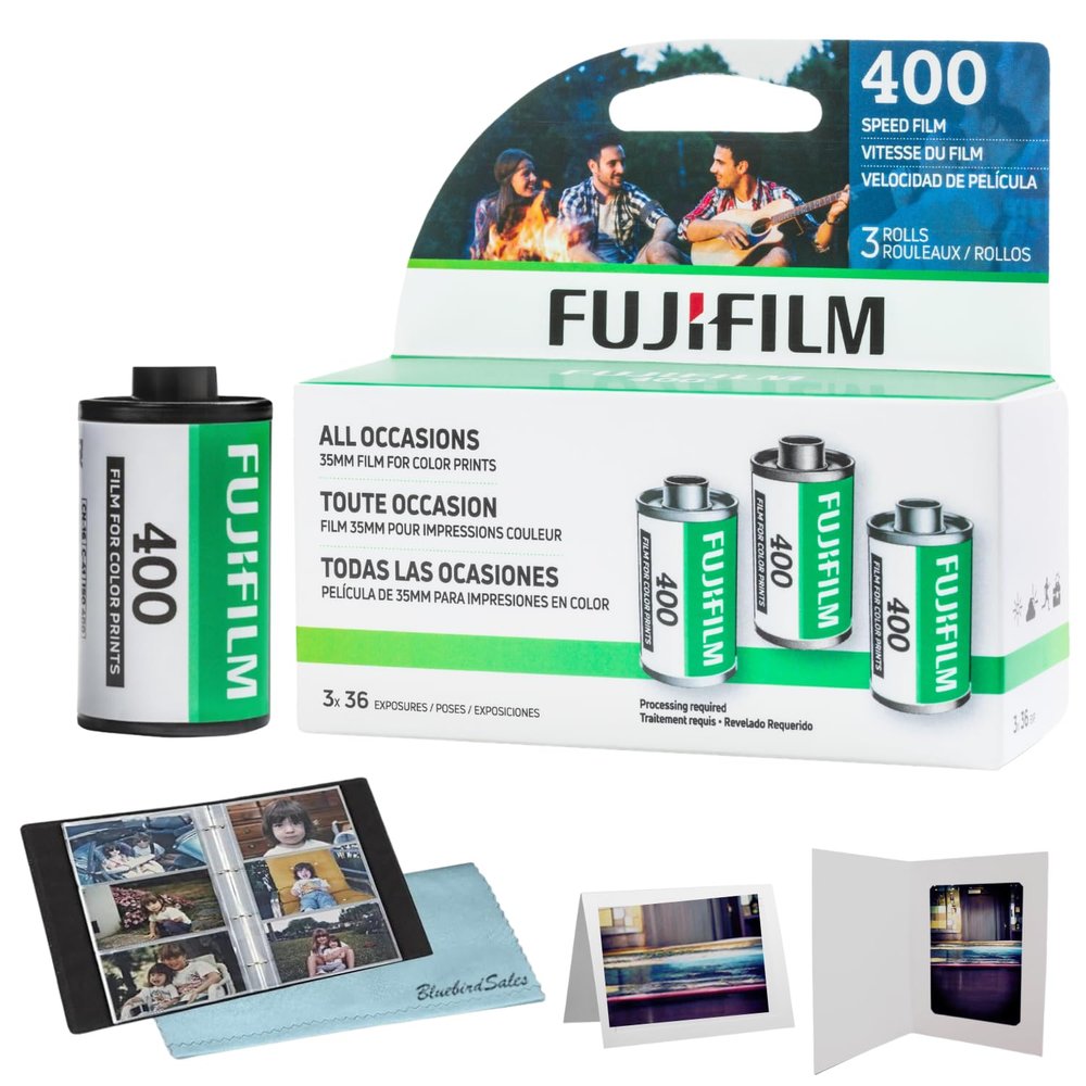 FUJIFILM 400 Color Negative Film (35mm Roll Film, 36 Exposures, 3-Pack) + BluebirdSales Photo Album, Photo Frames (10 Frames) + Microfiber Cleaning Cloth