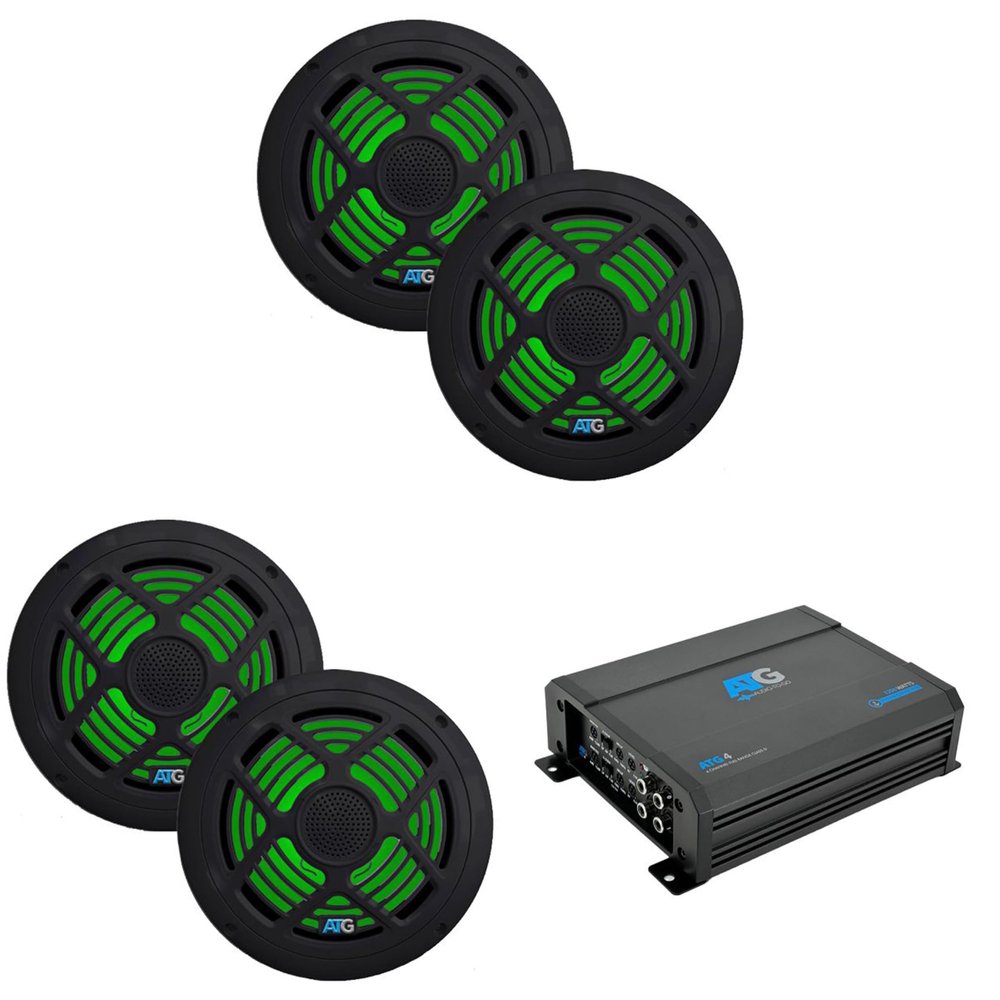 ATG 1000 Watt RMS Full Range Compact Marine 4 Channel Amplifier with (2) Pair 8" RGB Black Marine Speakers
