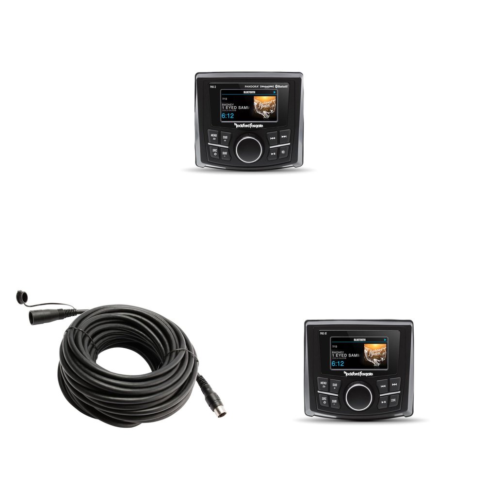 Rockford Fosgate PMX-3 2.7 Wet Bonded IPX6 Color Marine Media Receiver with PMX-1R 2.7 Wet Bonded Ipx6 Color Wired Remote and PMX50C 50 Ft Extension Cable