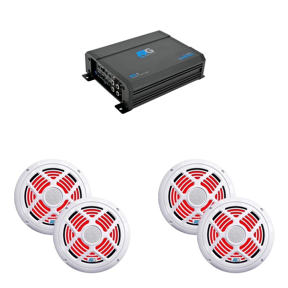 ATG 1000 Watt RMS Full Range Compact Marine 4 Channel Amplifier with (2) Pair 8" RGB White Marine Speakers