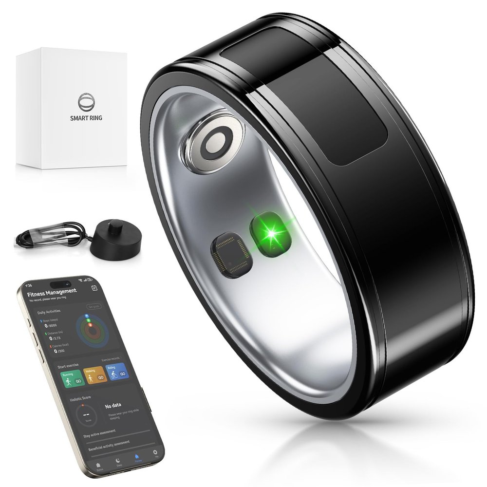 Betunich Smart Ring,24H Body/Sleeping/Fitness Monitor with Wireless Charging,Health Ring with IP68 Waterproof,Fitness Tracker for Men/Women,Portable APP Connection for Music Reading Photo (Black, 8#)