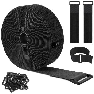26ft x 2in Heavy Duty Cable Straps with 20pcs Plastic Buckles, Free Cut to Length Cinch Strap, Reusable & Adjustable Hook and Loop Straps for Cable Ties, Cord Organizer, Wire Management