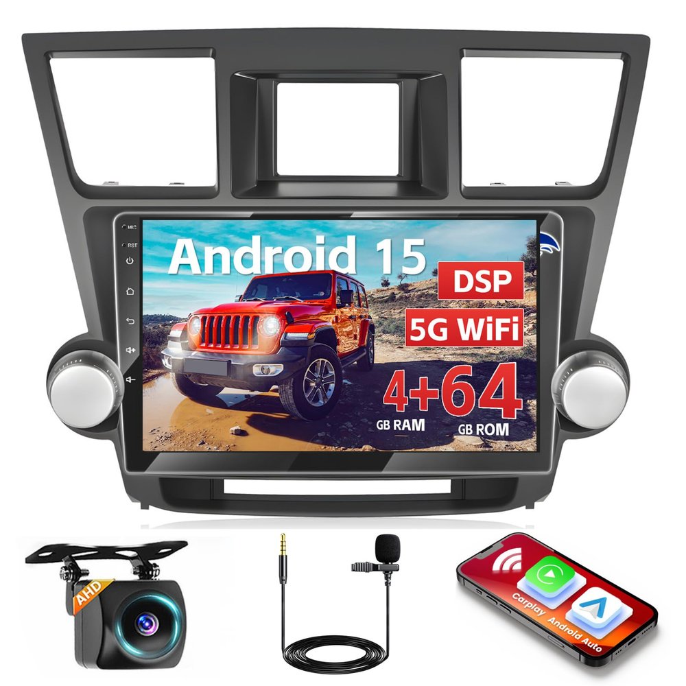 DSP [4+64G] Android 15 Car Stereo for Toyota Highlander 2008-2014 with Wireless Carplay Android Auto, Hikity 10'' Touchscreen Radio Bluetooth Mirror Link GPS WiFi SWC AI/FM/RDS/32EQ Backup Cam+Mic