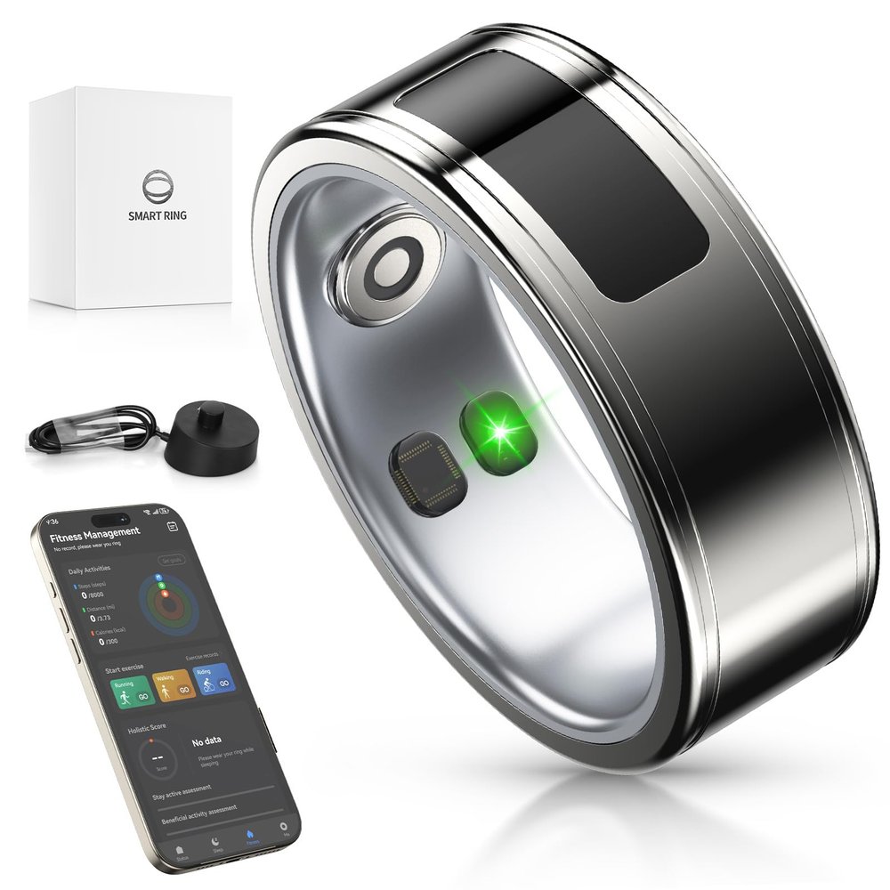 Smart Ring,24H Body/Sleeping/Fitness Monitor with Wireless Charging,Health Ring with IP68 Waterproof,Fitness Tracker for Men/Women,Portable APP Connection for Music Reading Photo (Silver, 9#)
