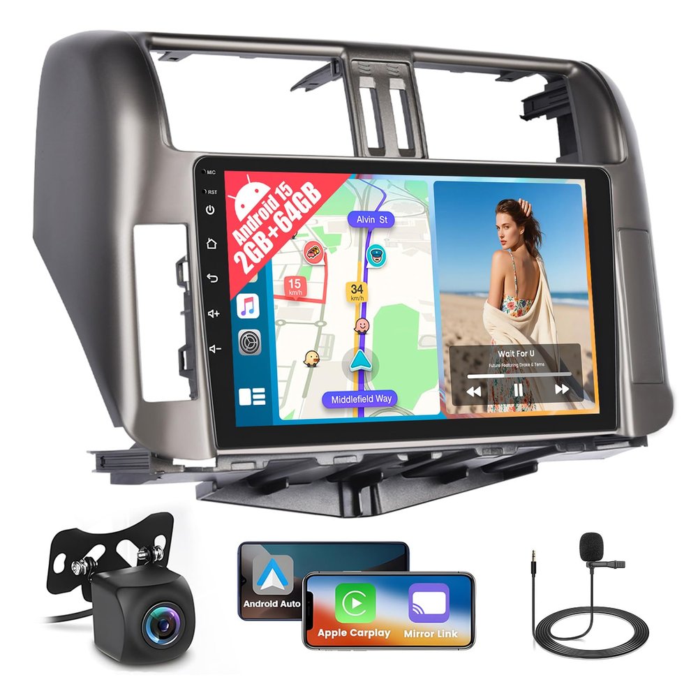 2+64GB for Toyota Land Cruiser/Prado 2010 2011 2012 2013 Radio Android 15 Wireless CarPlay Android Auto, 9" Touch Screen Stereo with GPS WiFi Bluetooth EQ FM/RDS 26UI Backup Camera MIC