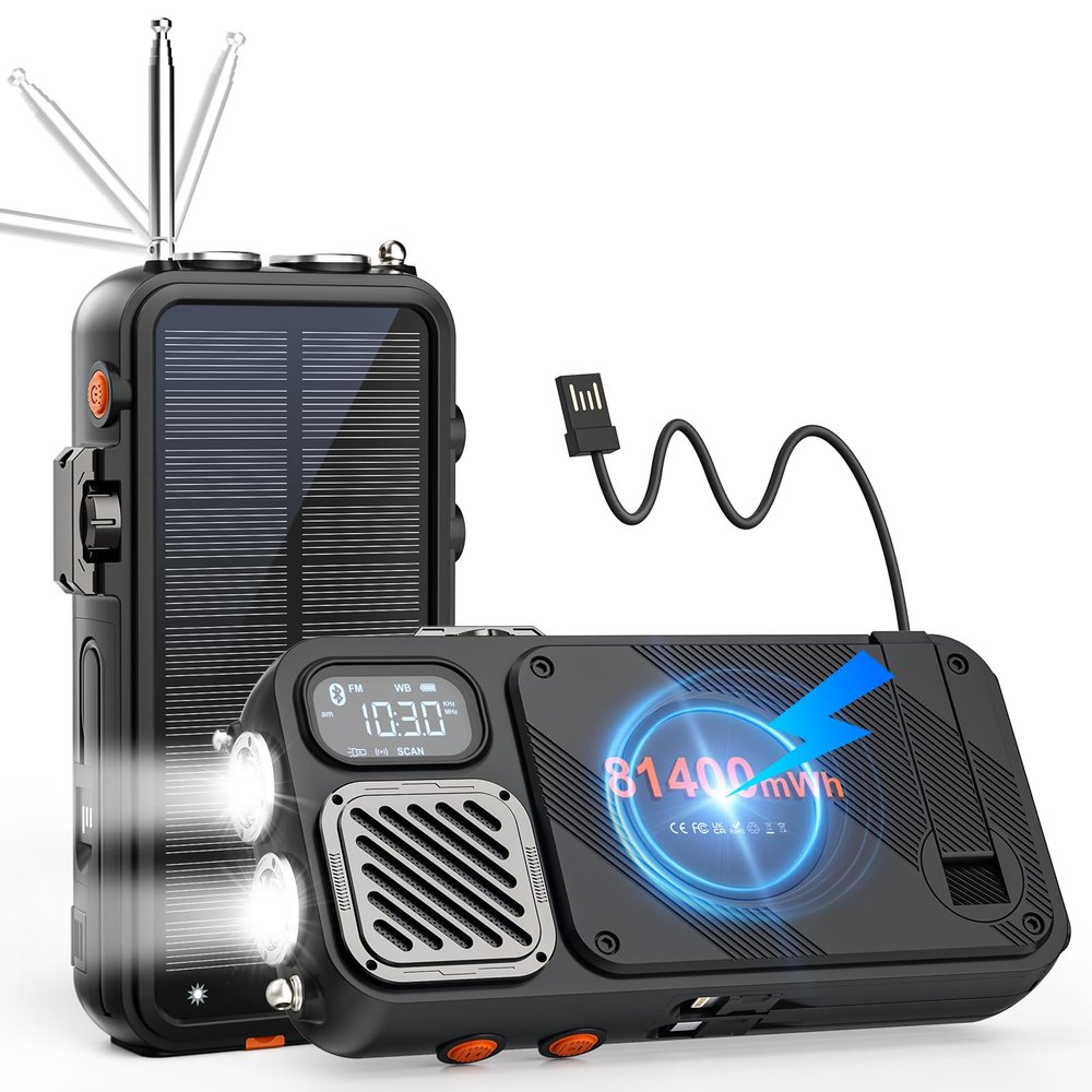 Emergency Radio&22000mAh Solar Power Bank, FM NOAA Weather Radio, Portable Hand Crank Bluetooth Radio, 20W Fast Charge Wireless Phone Charger, SOS Flashlight for Emergency/Home (Orange)