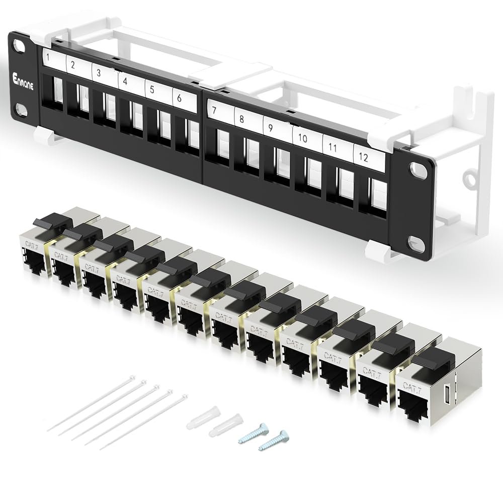 Enmane 12 Port Patch Panel CAT7 Keystone Patch Panel Wall Mount 10 Inch Bracket Included for Cat6, Cat5e, Cat5 Cabling (1U CAT7)
