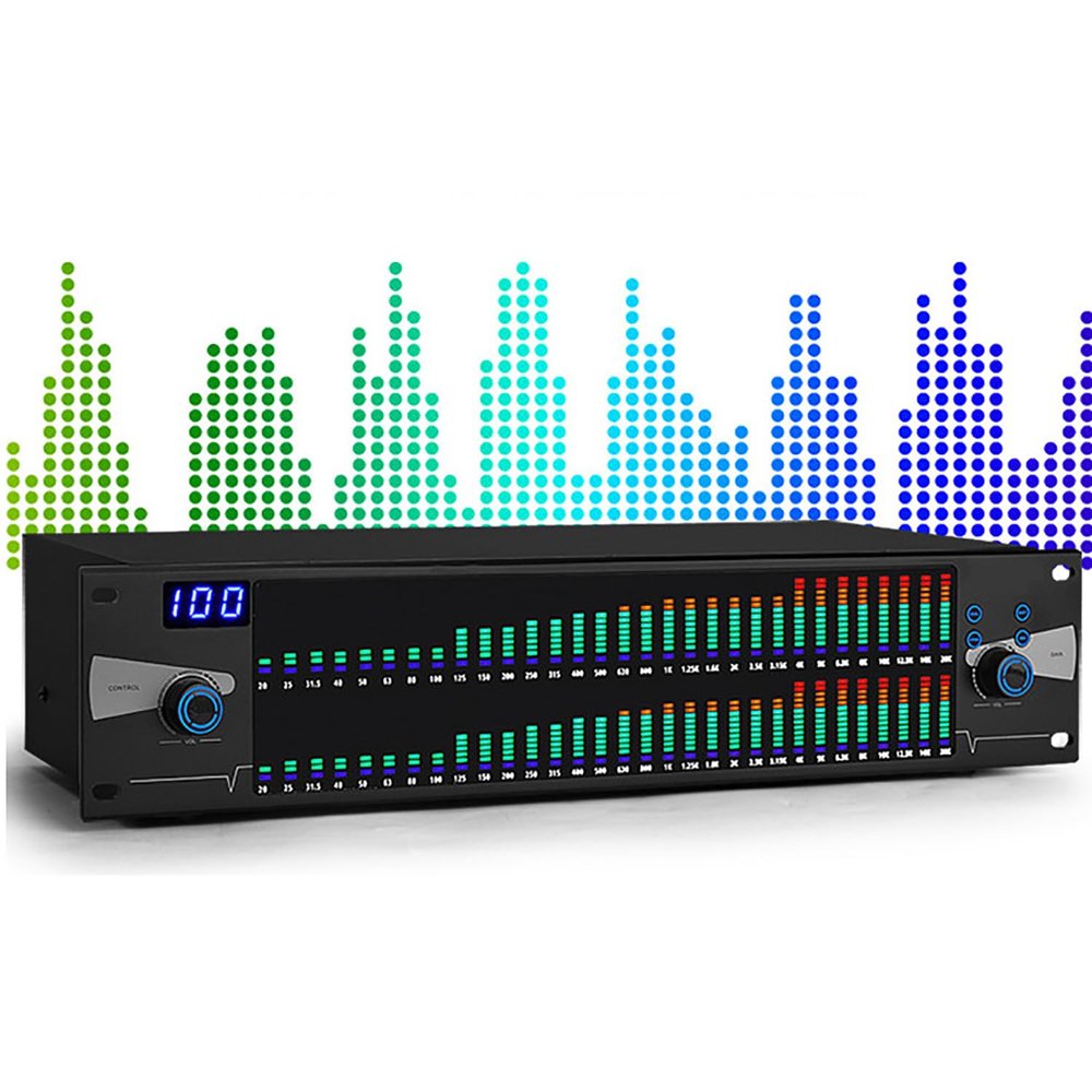Digital Graphic Equalizer, Dual Channel 31-Band Stereo Equalizer with LED Spectrum Lamp for Home Audio, 10 Preset Effects, Low/Mid/Treble Independent Adjustment