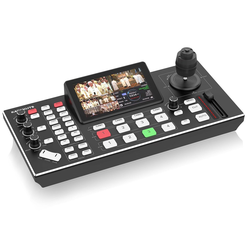 KATOVJJTS Video Mixer Switcher with PTZ Camera Controller, 5.5" LCD Screen Preview, 4-Channel HDMI Live Streaming Switcher with 4D Joystick, 1080p 60FPS Video Recording (Does not Support 4K)